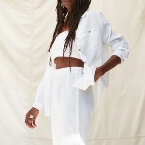 Morning View Crisp White Linen Oversized Button Front Blouse, XS